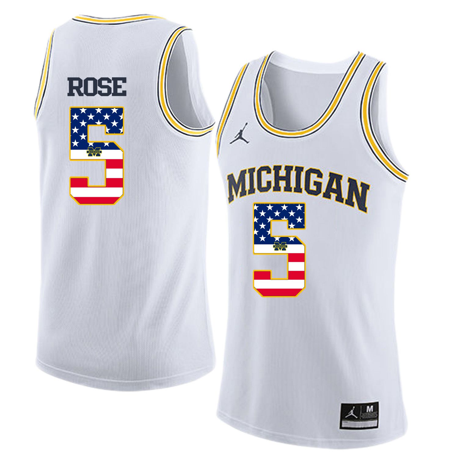 Men Jordan University of Michigan Basketball White #5 Rose Flag Customized NCAA Jerseys